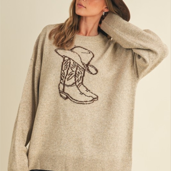 Cloud Ten Sweaters - SIZE L! Cloud Ten!Cozy Beige Sweater with Cowboy Boot Design